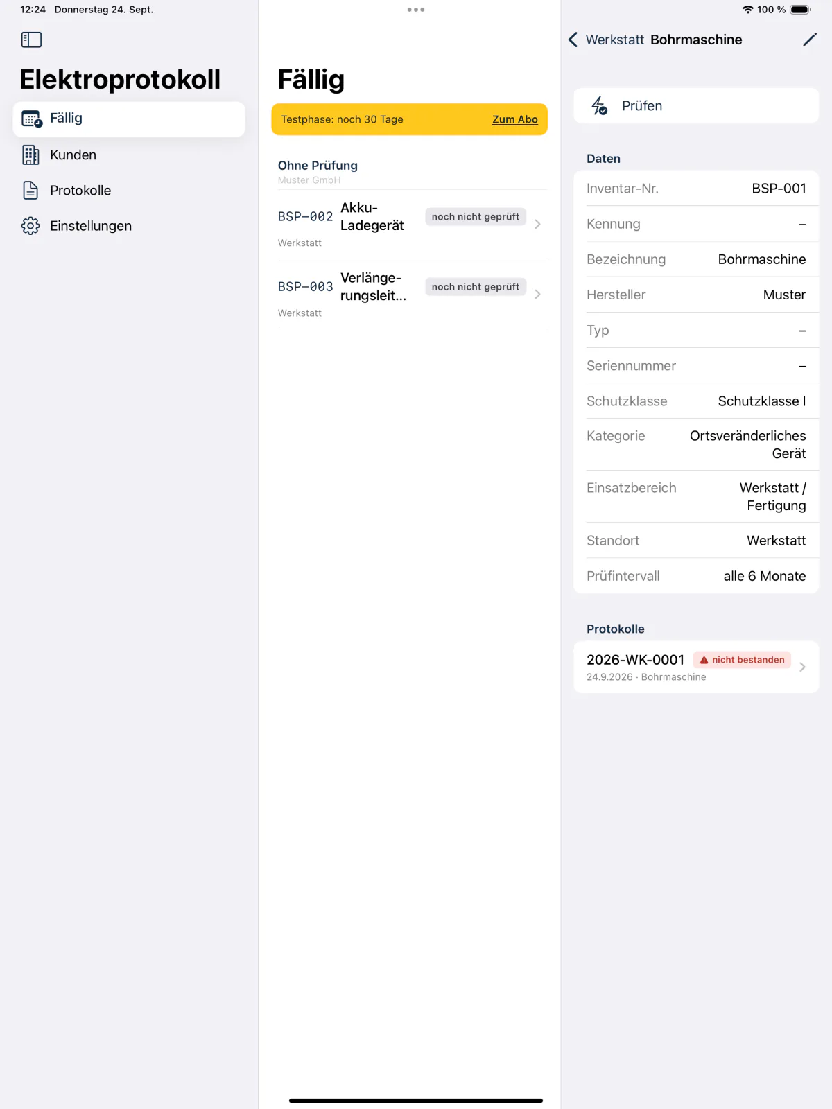 Übersicht „Fällig“ der App auf dem iPad: Kundenliste links, rechts Geräte mit den Abzeichen „noch nicht geprüft“ und „nicht bestanden“, oben der Hinweis auf die laufende Testphase